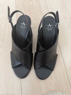 Aquatalia Black Leather Crisscross Slingback Heels